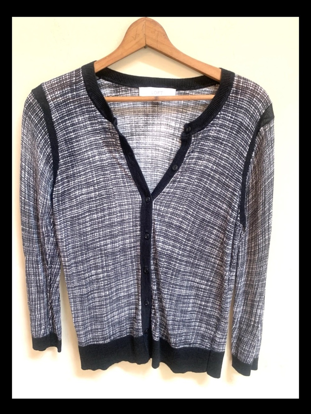 LOFT Black Trim White Rayon Blend Button Up Lightweight Cardigan Sz L